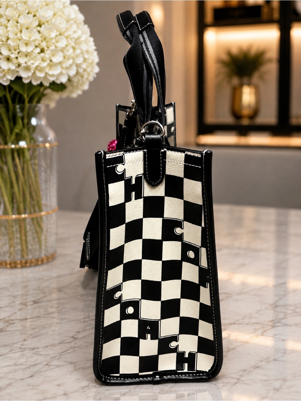 Coach Black & White Checker Tote with Pink Cherry Charm NWOT retail $528.00 - Picture 5 of 9